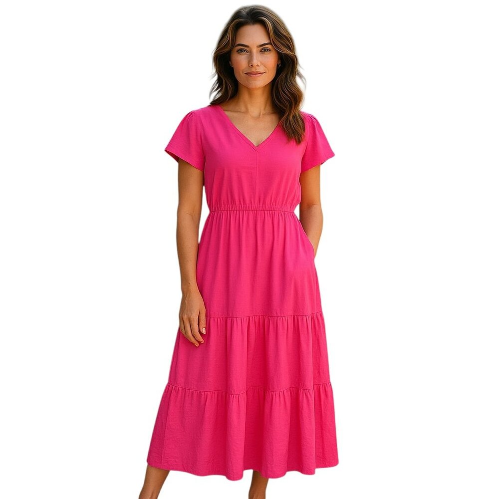 Vince Camuto Hot Pink Flutter Sleeve Tiered Midi Dress Size 4 | NWT